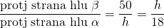\[\dfrac{\textrm{protější strana úhlu } \beta}{\textrm{protější strana úhlu } \alpha} = \dfrac{50}{h} = \dfrac{h}{18}\]